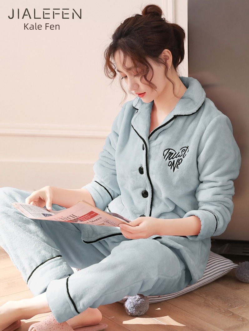 female Flannel Thickened section winter keep warm suit pajamas