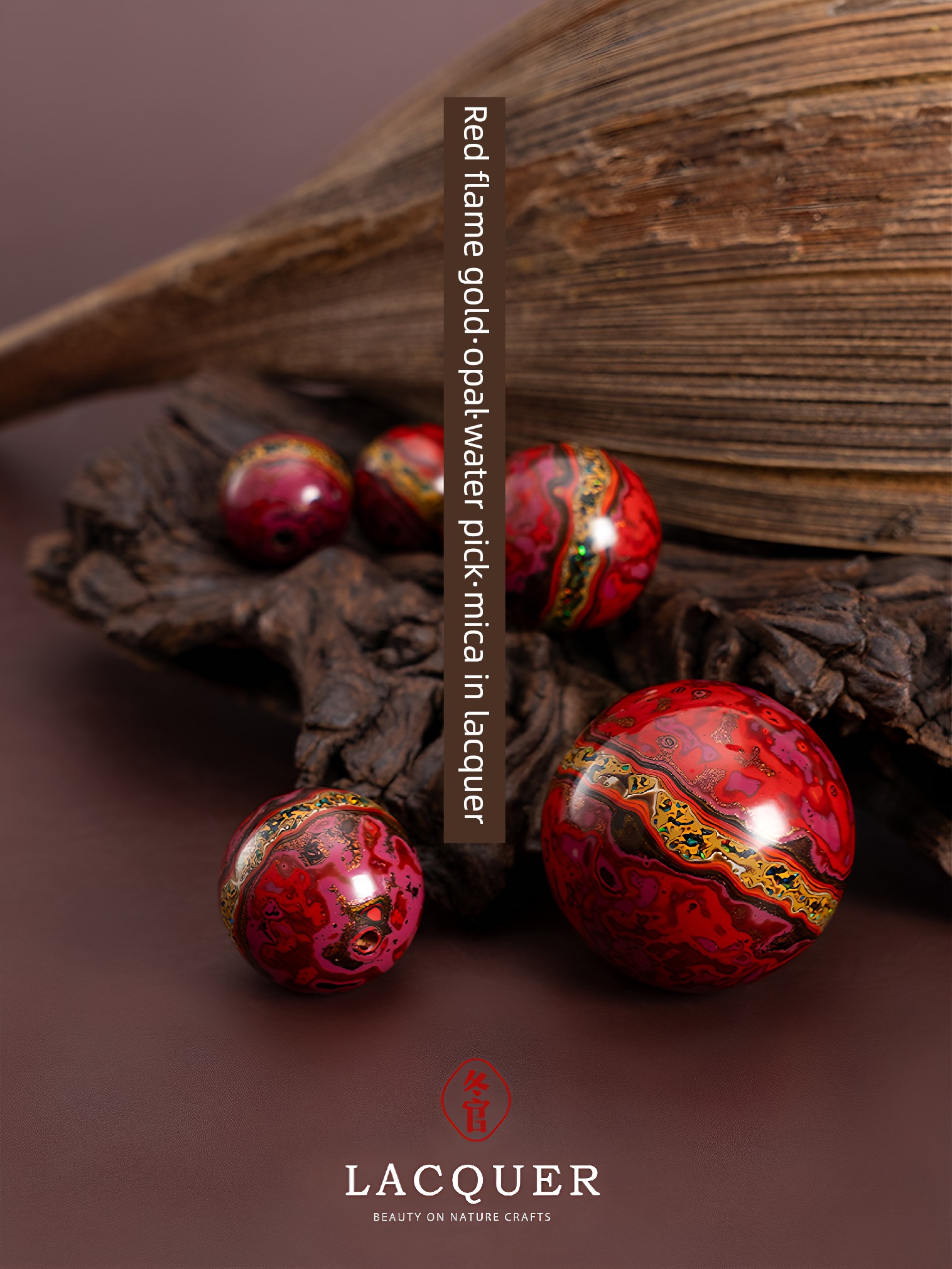 Natural Lacquer Single Bead Necklace Accessory with Opal and Mica Inlaid in Lacquer, Red Flame Gold-Plated Handicraft