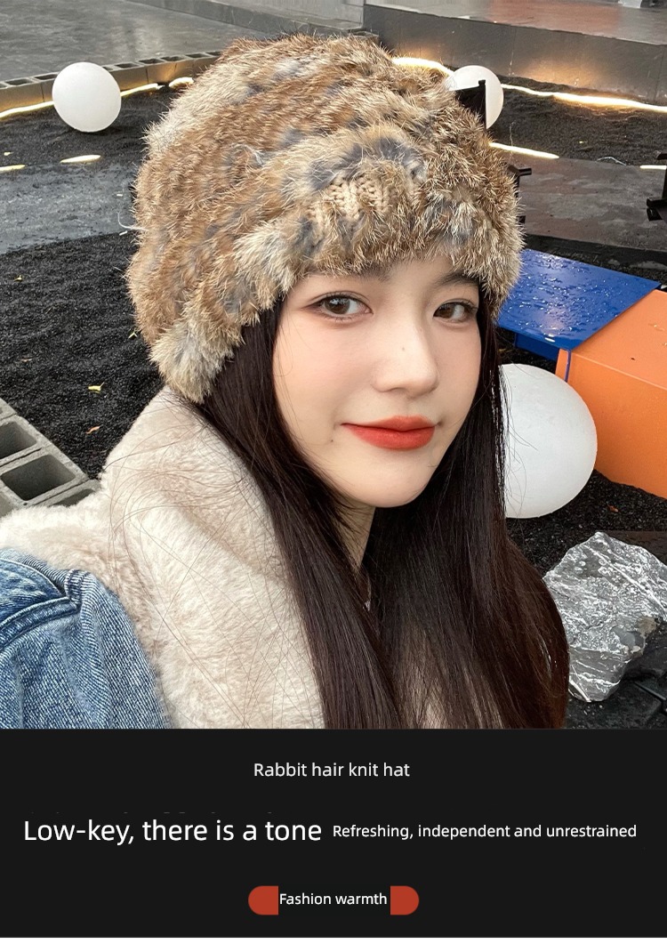 female Autumn and winter thickening Cold proof Baotou cap Real rabbit hair