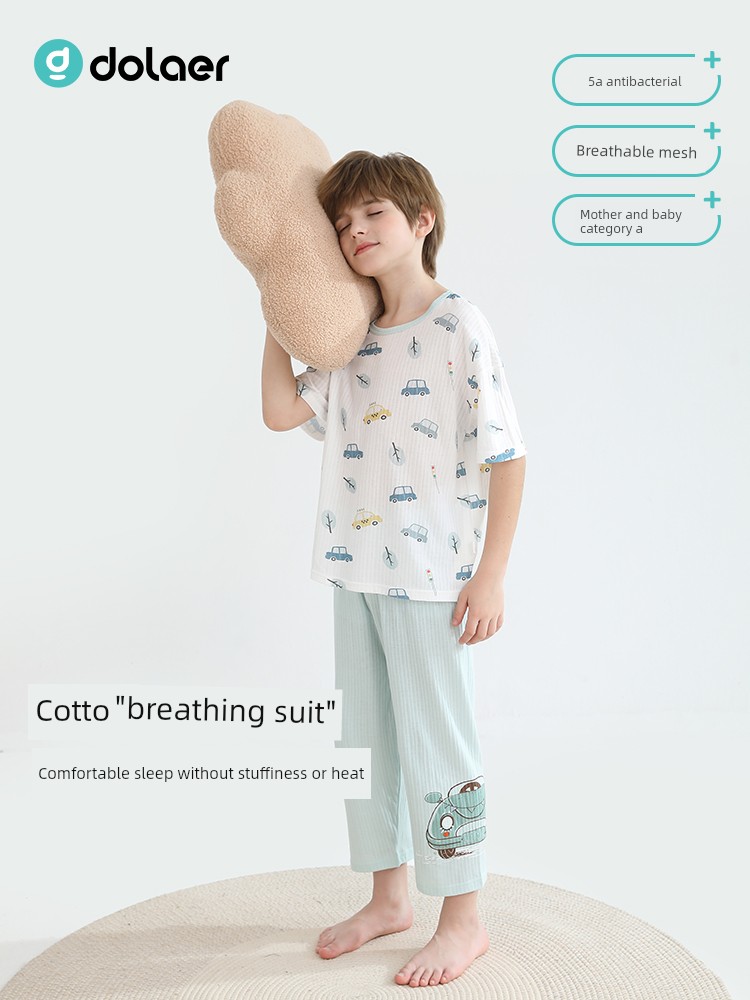 Dolaer Kidsren's Pajamas Summer Thin Pure Cotton Antibacterial Air-Conditioned Clothing for Boys and Girls Big Kidsren Boys Home Clothes Set