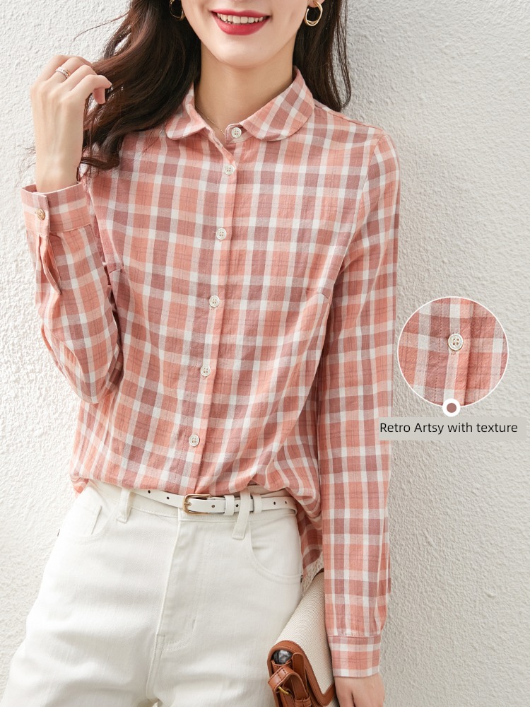 Simplicity lattice Long sleeve Retro Don't pick people Women shirt