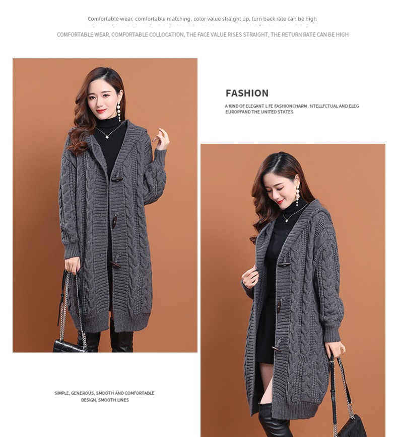 loose coat female With pocket Hemp flowers Hooded Cardigan Ox horn buckle
