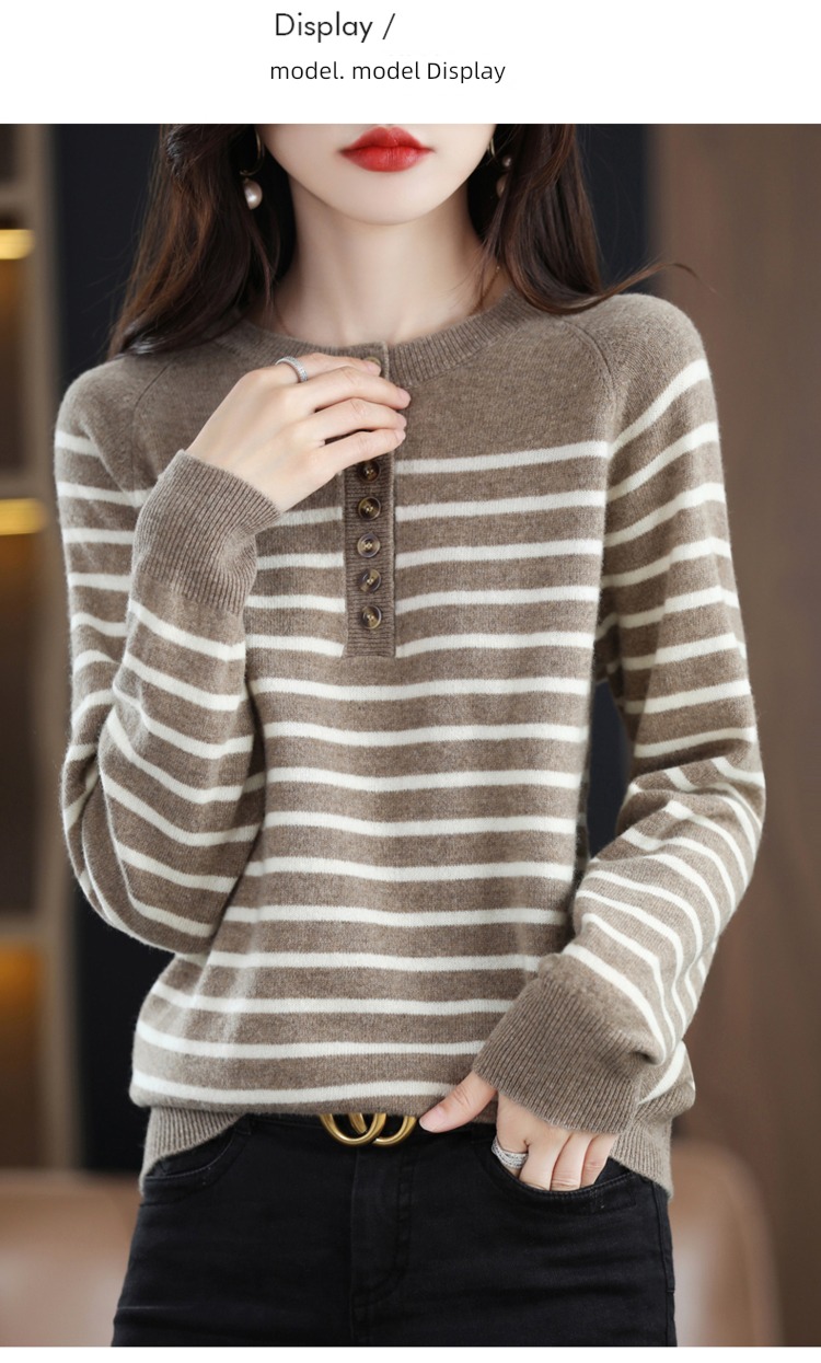 Autumn and winter Inner lap Round neck stripe easy pure cardigan