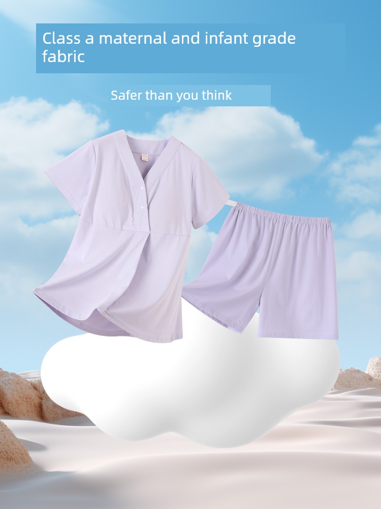 Postpartum Clothing, Summer Pure Cotton Thin Style, Sweat-Absorbent, Postpartum, with Breast Pads, Maternity Pajamas, Short-Sleeved, Breastfeeding — 3