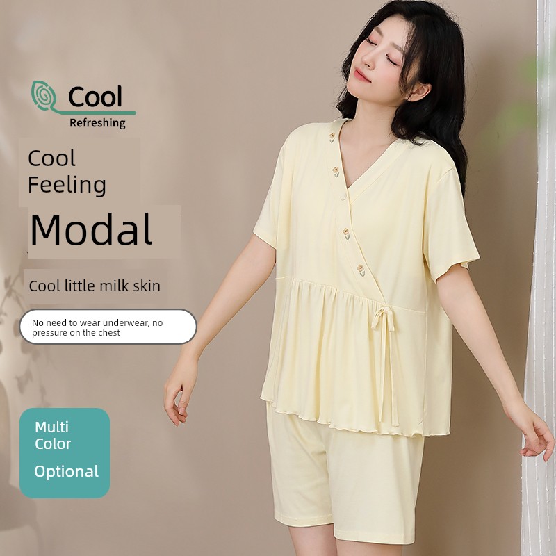 Modal Maternity Pajamas with Chest Pads for Women, Summer Thin Short-Sleeve Nursing Sleepwear for Postpartum Women, Summer Maternity Loungewear — 1