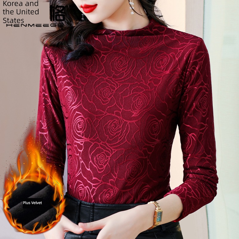 Autumn and winter Gauze Long sleeve T-shirt Plush keep warm Lace