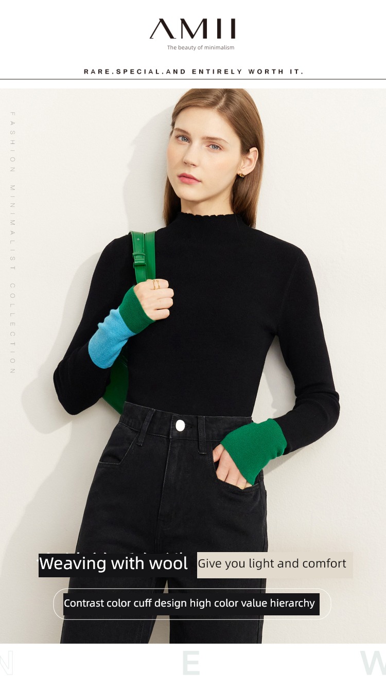 Amii2022 Half high collar Color contrast Cuff Sweater