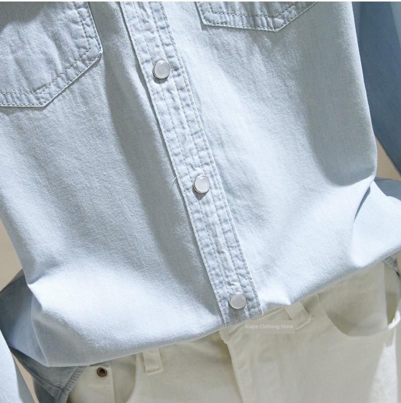 Port style Retro light blue Wear out Long sleeve cowboy shirt