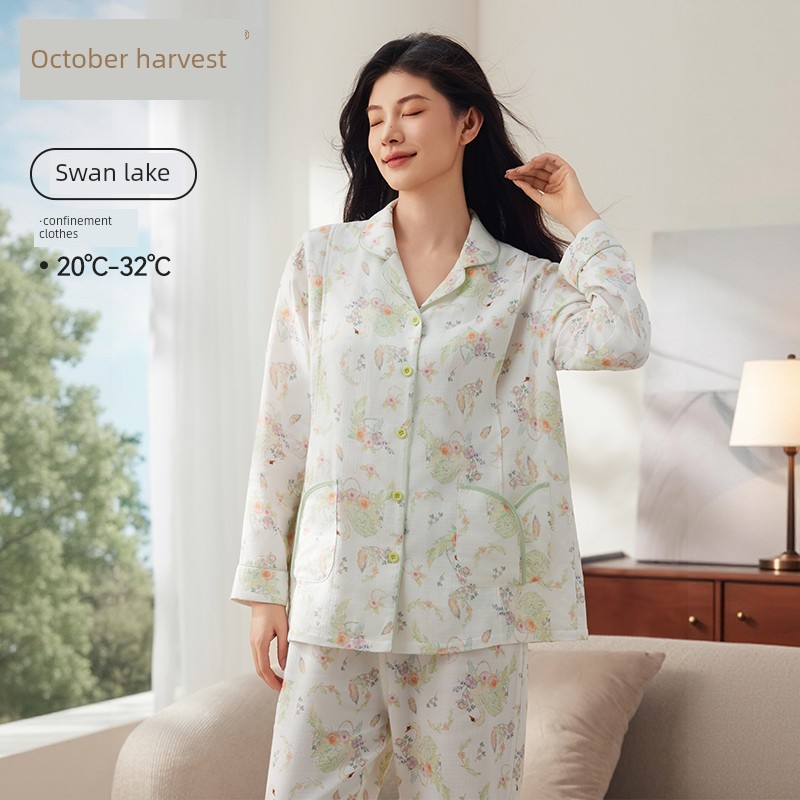 October Crystal Bamboo Cotton Cloud Gauze Maternity Pajamas Homewear Set for Pregnant and Postpartum Women, Nursing Sleepwear, Autumn Style for Women — 7