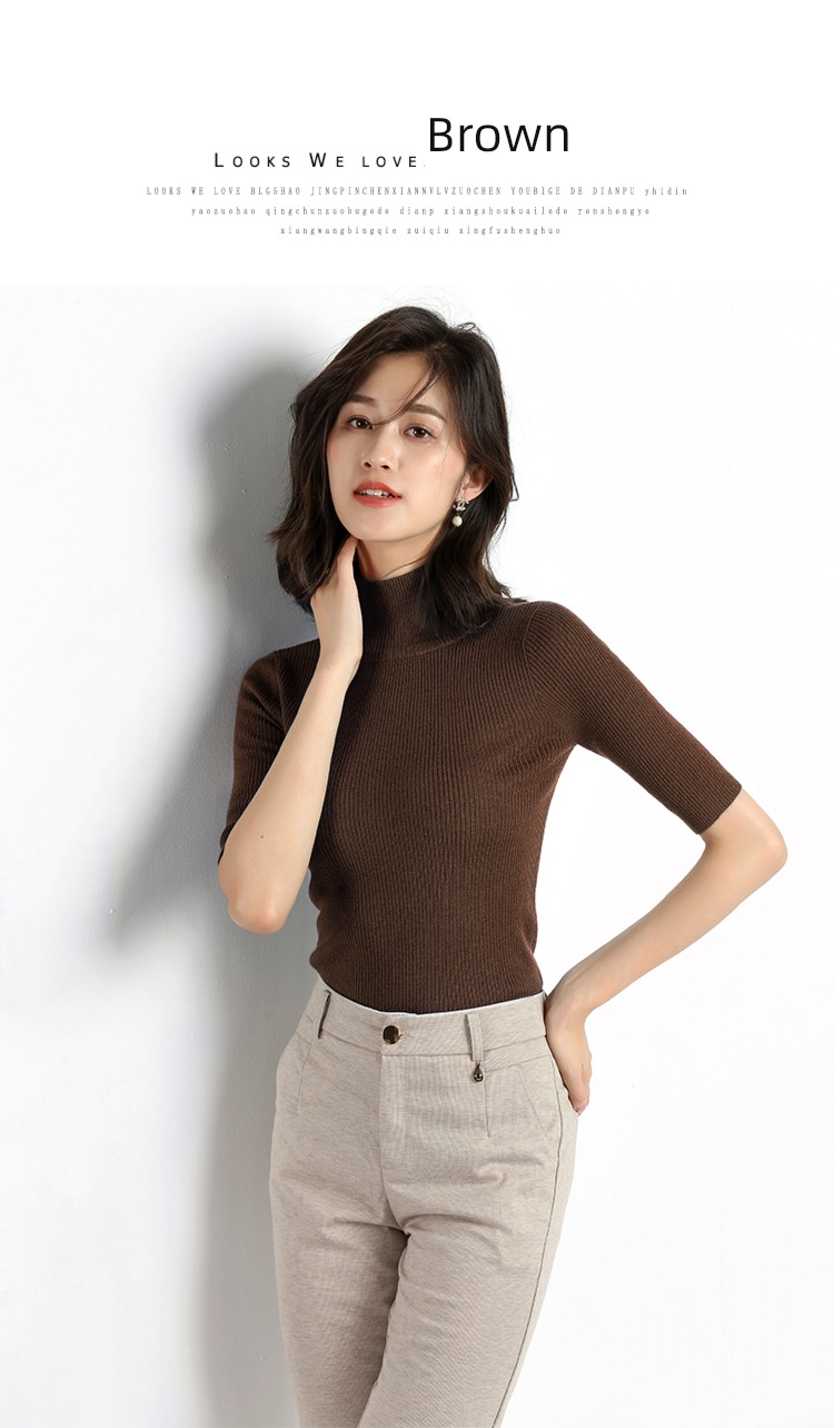 Self-cultivation Inner lap spring and autumn Half high collar black Short sleeve sweater