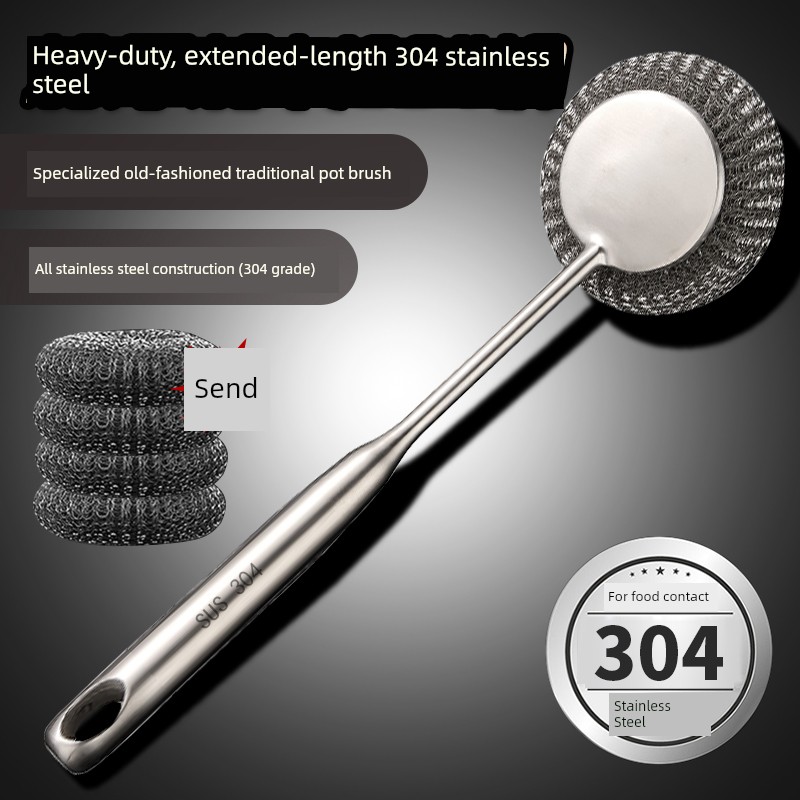 304 Stainless Steel Pot Scrubber, Kitchen-Specific Cleaning Brush for Washing Pots and Bowls, Integrated Long-Handled Universal Steel Wool Brush