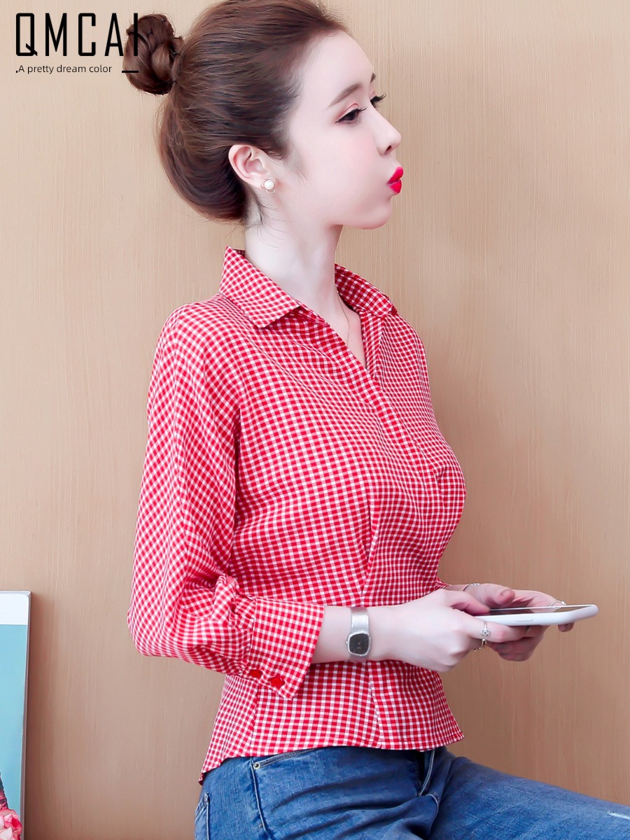 lattice ma'am Long sleeve temperament have a waistline Chiffon shirt