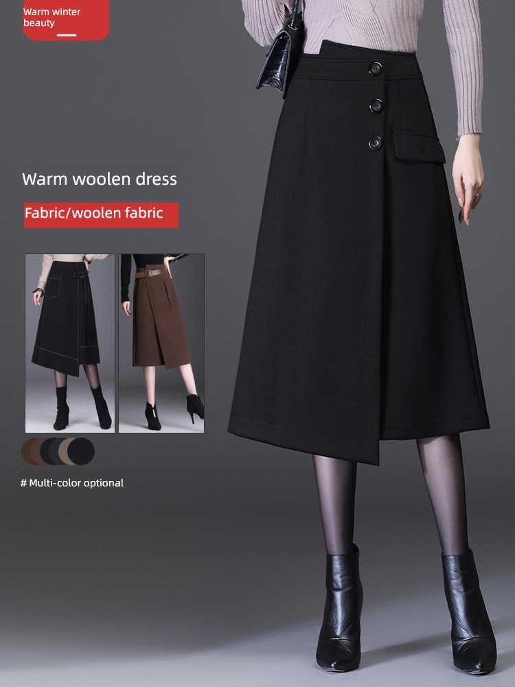 thickening Wool Autumn and winter temperament Medium length skirt
