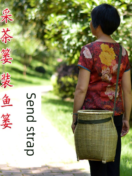 Bamboo Tea-Picking Basket, Tea-Picking Backpack, Can Be Worn Cross-Body, First-Layer Green Bamboo Woven Fruit Basket, Large Bamboo Basket, Fish Basket Prop
