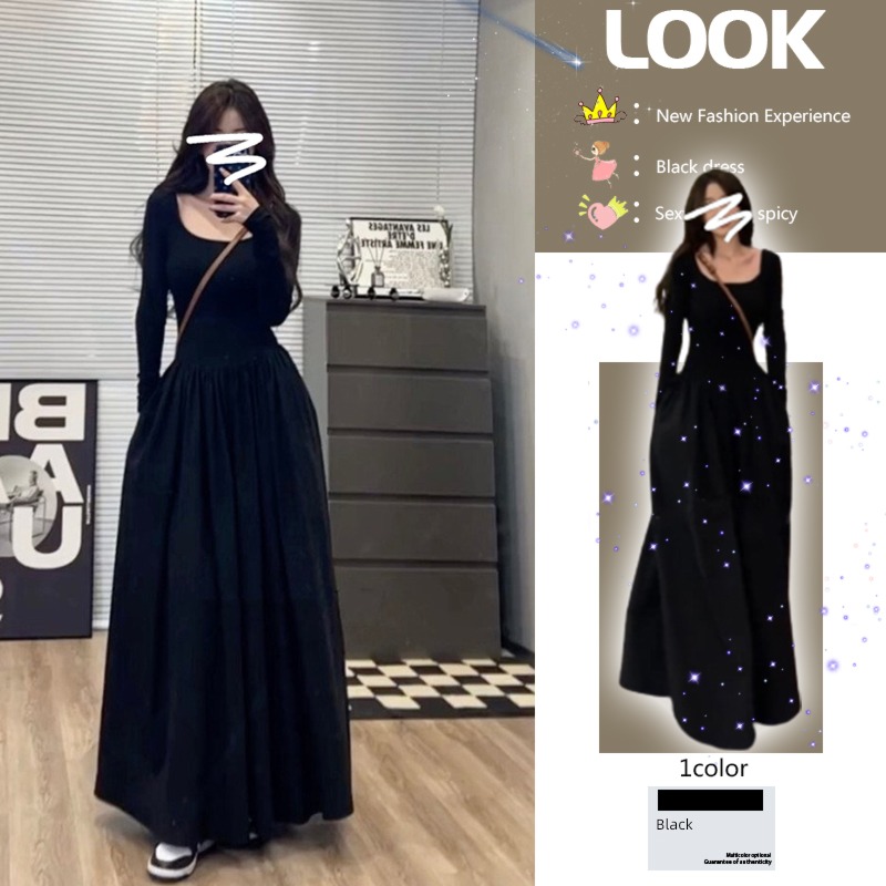 square neck Long sleeve Tight fitting spring temperament Show thin Dress