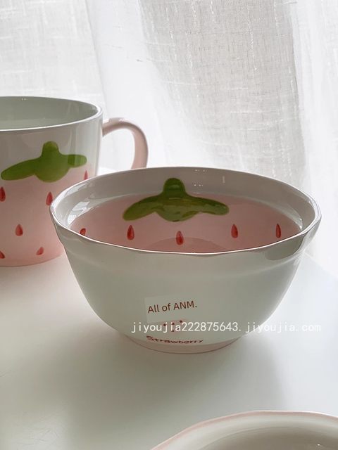 Anmu Liangpin ins pink tender strawberry hand-painted underglaze colored ceramic plate rice bowl pot home cute girl tableware