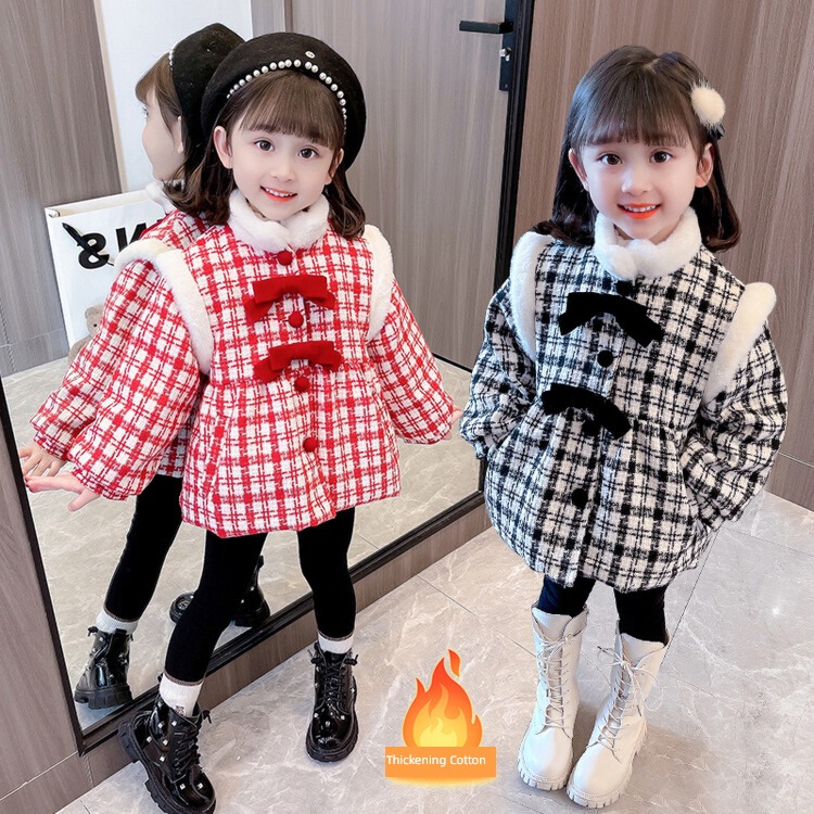 Baby girl Wool child lattice Foreign style winter loose coat