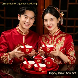 Wedding Tea Cups, Wedding Bowls, Wedding Ceremony Tea Sets, a Pair of Red Double Happiness Character Tea Sets, Chopstick