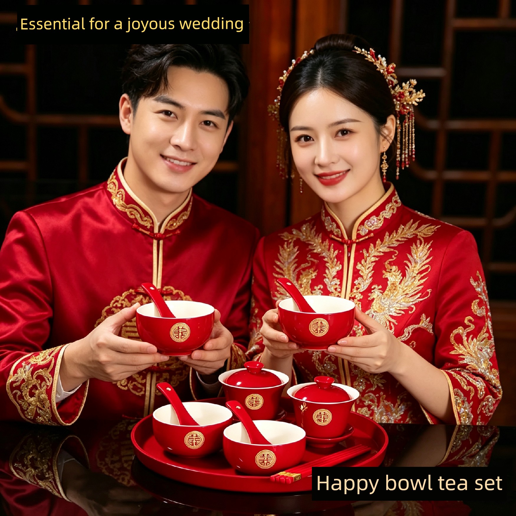 Wedding Tea Cups, Wedding Bowls, Wedding Ceremony Tea Sets, a Pair of Red Double Happiness Character Tea Sets, Chopsticks and Bowl Sets, Complete Wedding Supplies