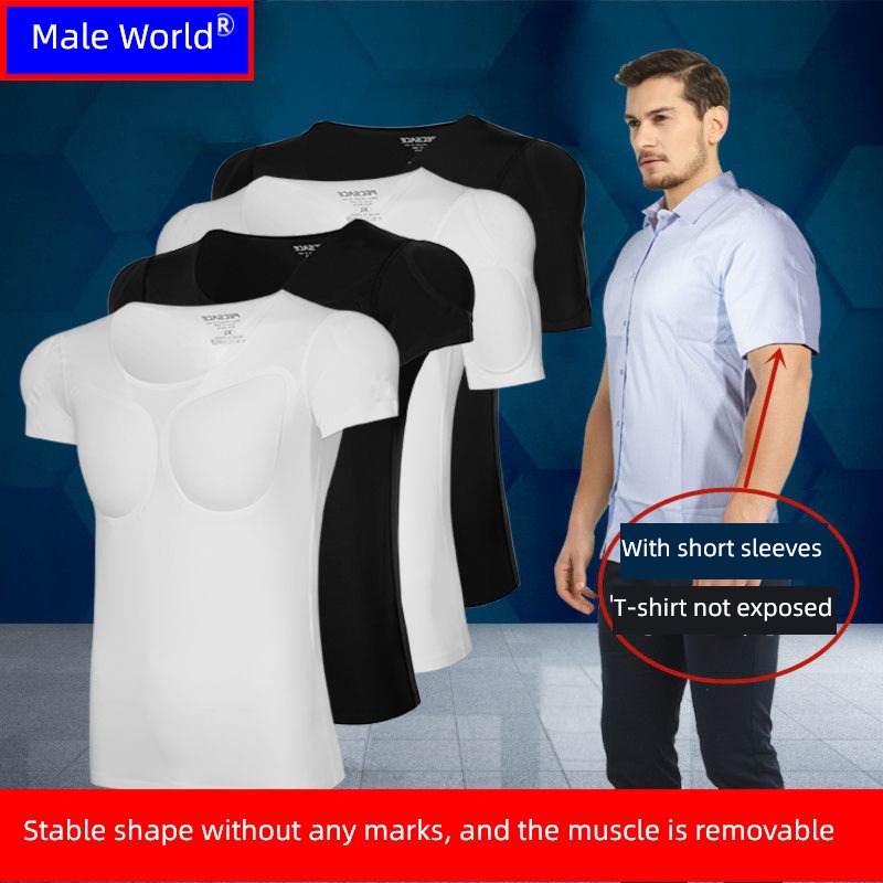 cos No trace white Pseudopectoral muscle Shoulder pads man T-shirt
