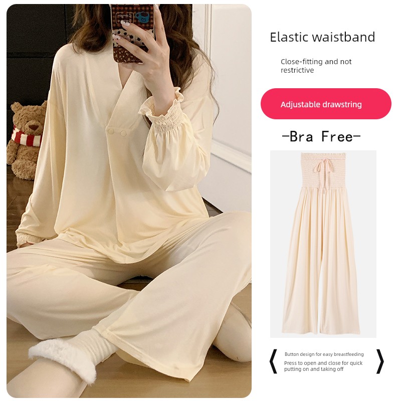 Free Hairband with Modal Maternity Pajamas for Women, Spring and Autumn Cool Nursing Postpartum Wear, Summer Thin Style with Breast Pads for Home Use — 4