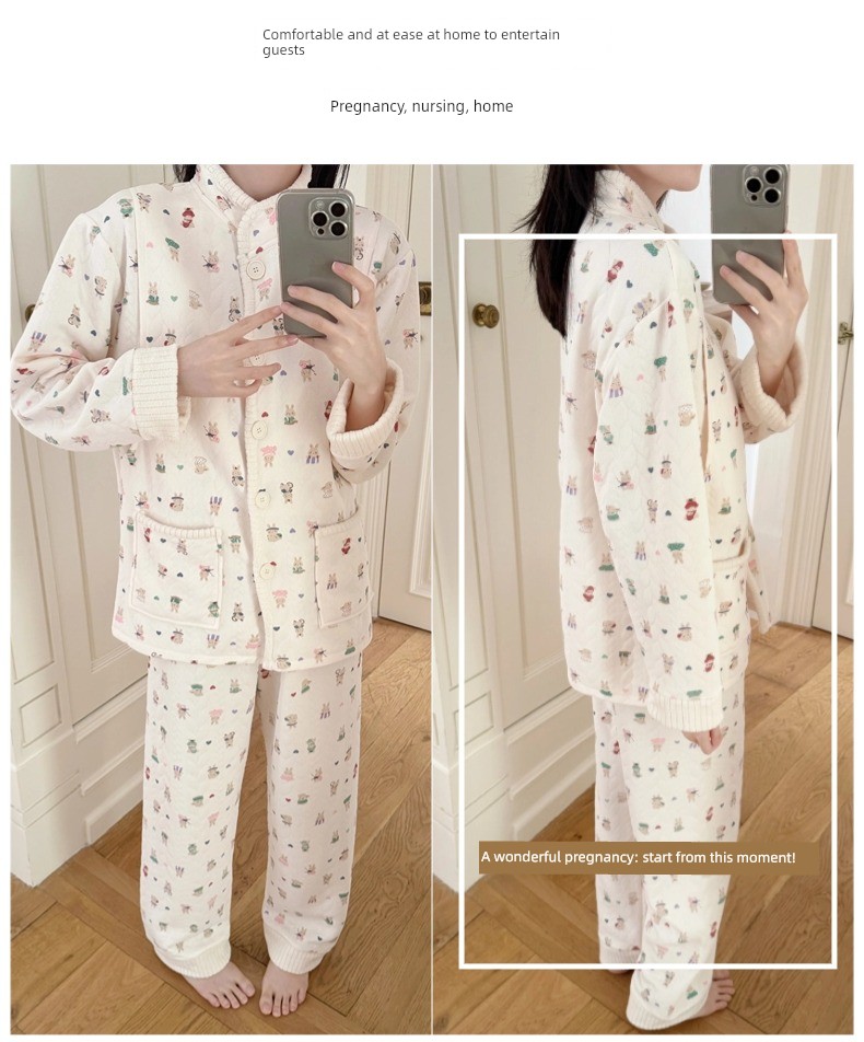Spring, Autumn, and Winter Maternity Pajamas with Chest Pads, Thickened Air Cotton, No Need to Wear Underwear, Layered Maternity Sleepwear with Hood Set — 20