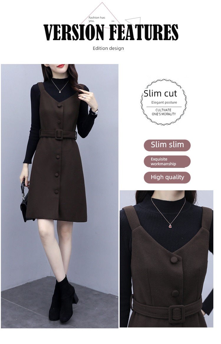 Autumn and winter Woolen cloth female Close your waist temperament mom Dress