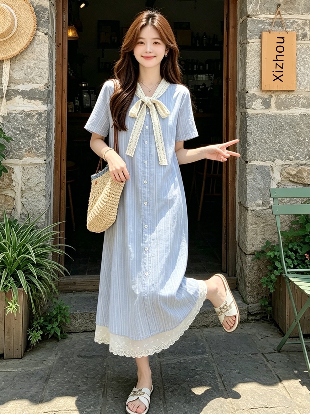 Maternity Dress Summer Thin Style 2026 New Blue Sweet Lace Splicing Short-Sleeved A-Line Dress Mid-Length for Women — 3