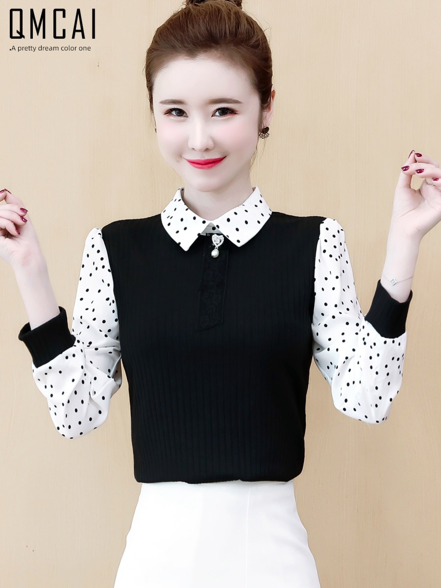 Age reduction Long sleeve fashion Wave point Plush Overlapping wear Fake two