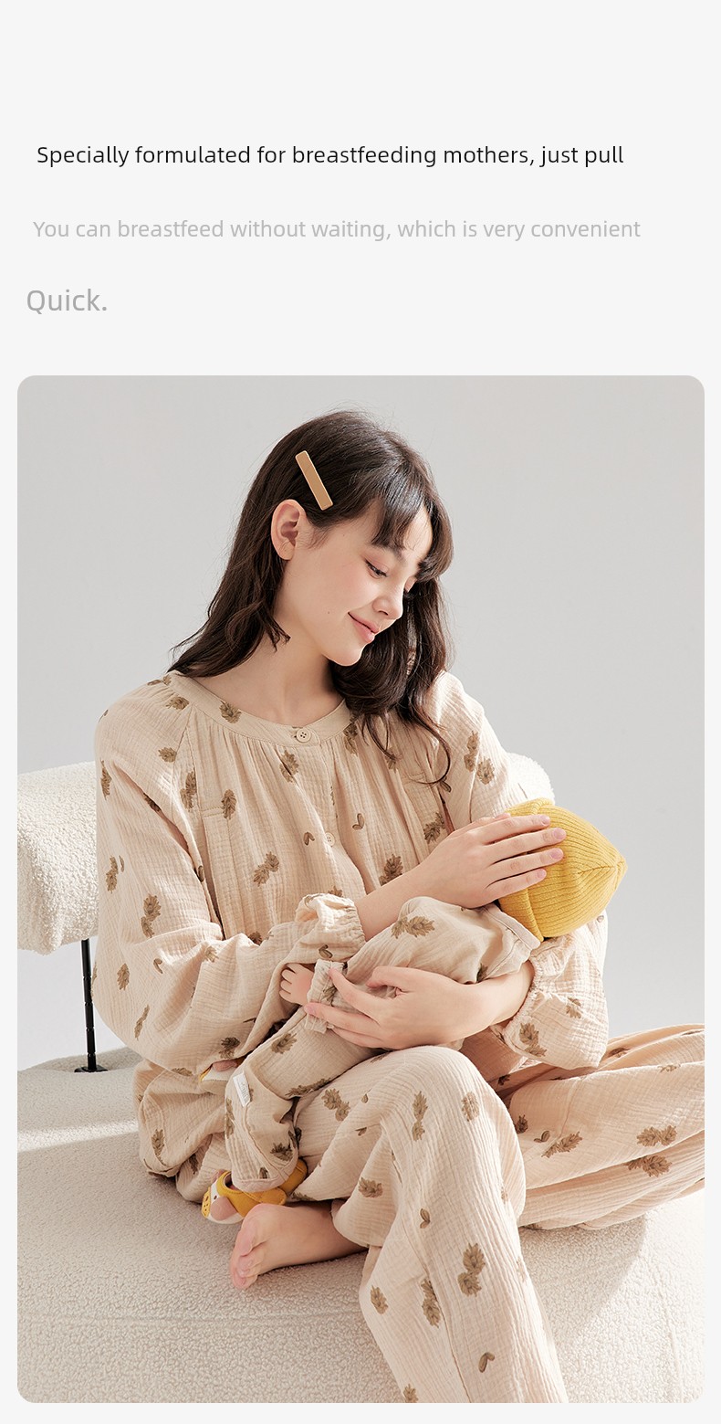 Gauze Postpartum Clothing, Summer Thin Style, Double-Layer Pure Cotton Nursing Home Wear, Breastfeeding Maternity Pajamas for Women, Spring and Autumn — 11