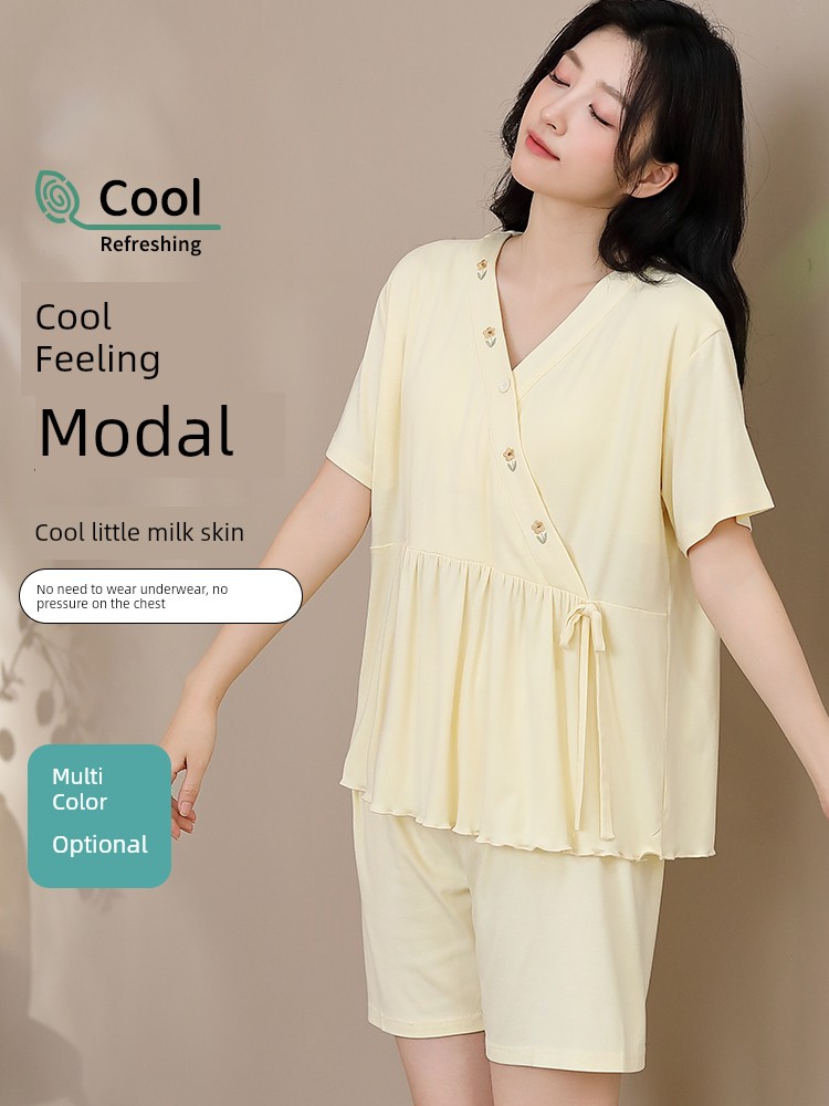 Modal Maternity Pajamas with Chest Pads for Women, Summer Thin Short-Sleeve Nursing Sleepwear for Postpartum Women, Summer Maternity Loungewear