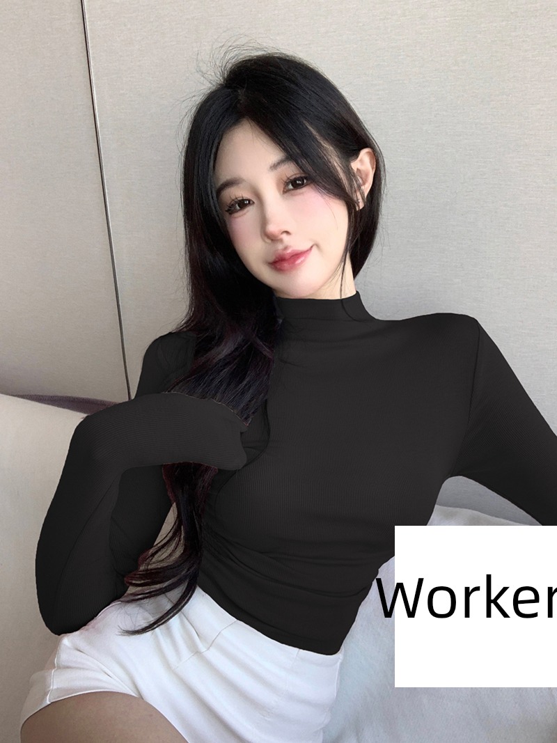 Korean version Versatile Half high collar Long sleeve Undershirt T-shirt female have cash less than that is registered in the accounts Pleating Self-cultivation Inner lap desire Pure wind hottie jacket