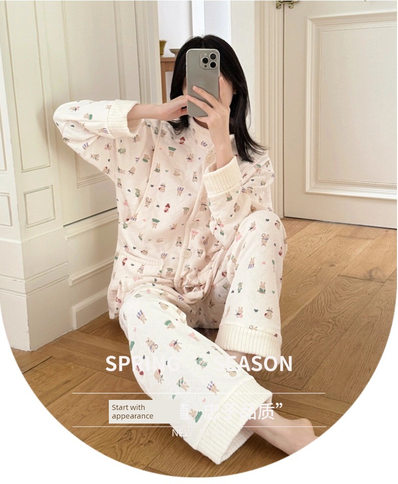 Spring, Autumn, and Winter Maternity Pajamas with Chest Pads, Thickened Air Cotton, No Need to Wear Underwear, Layered Maternity Sleepwear with Hood Set — 17