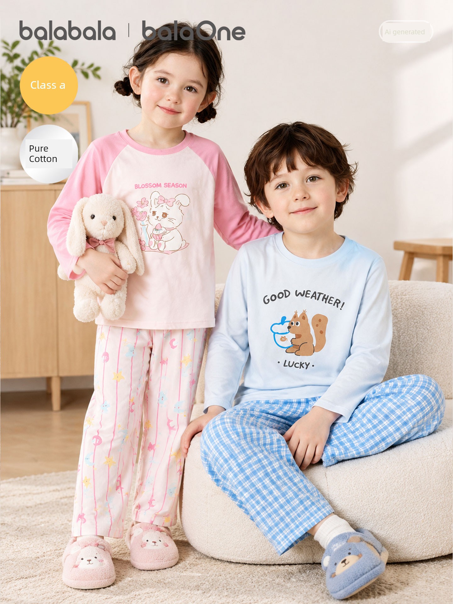 Balabala Kidsren's Pajamas Set, Girls' Home Clothes, Baby 2026 Spring & Fall New Style Boys' Pure Cotton Family Outfits