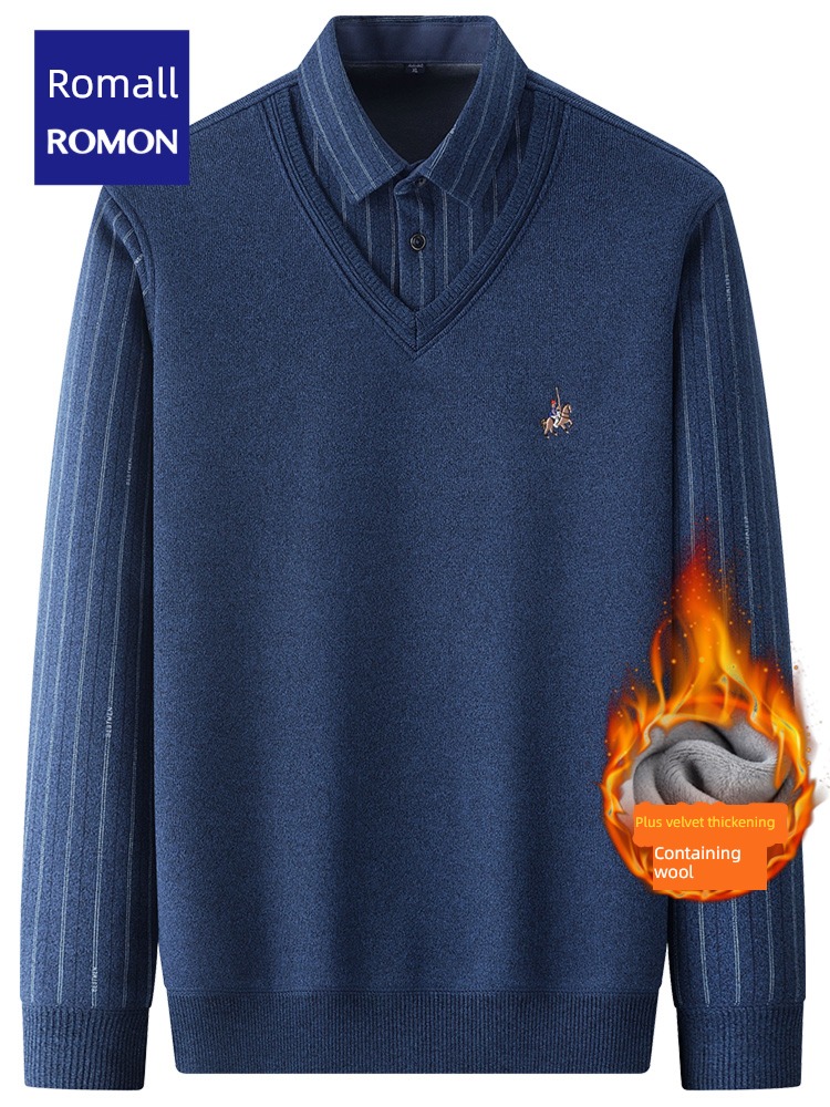 Containing wool Romon Autumn and winter Plush Fake two Sweater