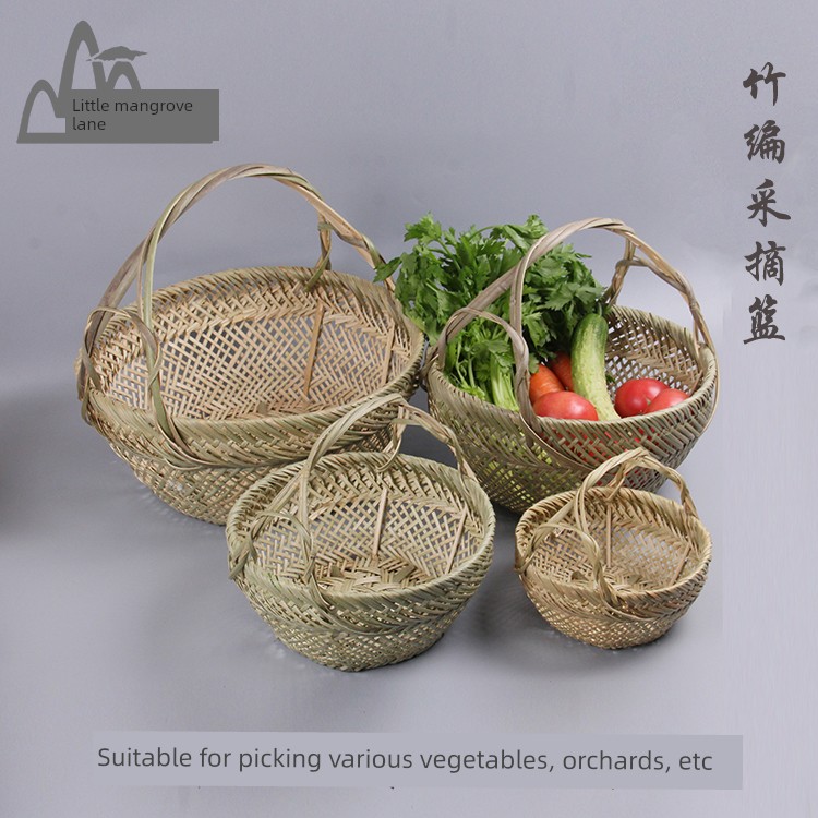 Handmade Bamboo Baskets, Small Bamboo Baskets, Fruit and Egg Baskets, Portable Green Leather Baskets, Storage Baskets, Hangzhou Blue Vegetable Baskets