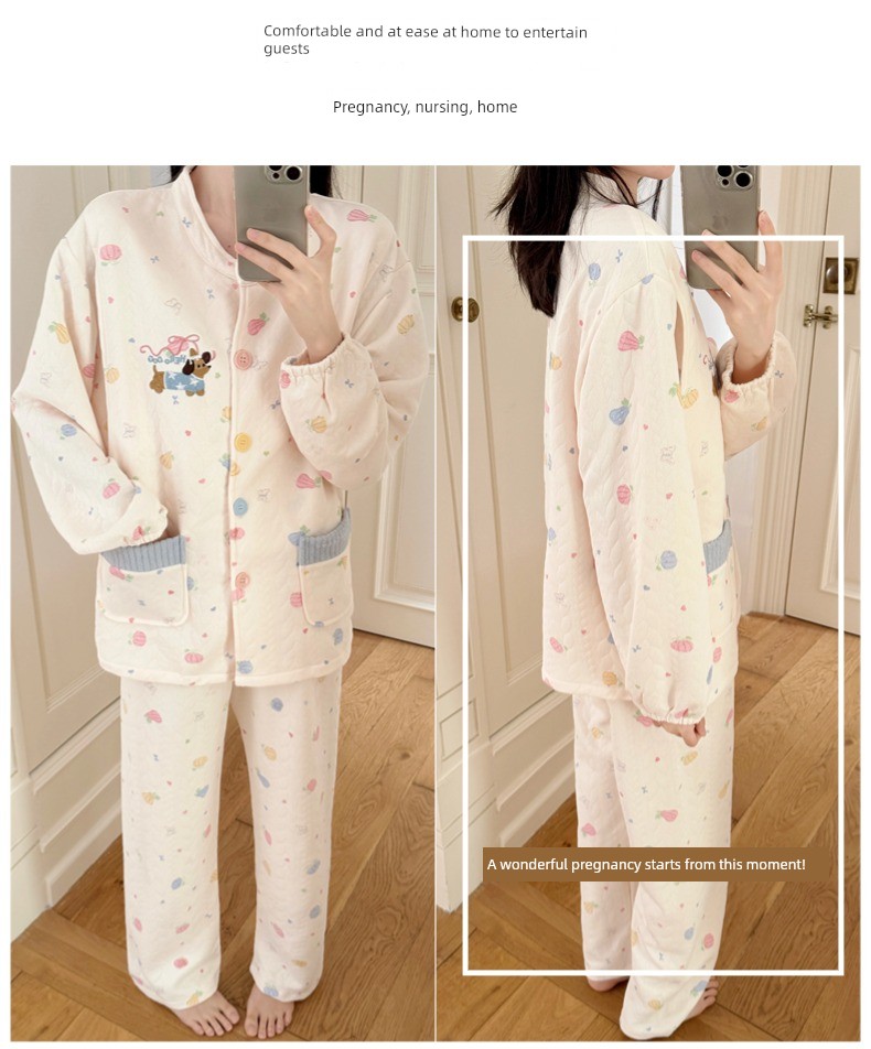 Spring, Autumn, and Winter Maternity Pajamas with Chest Pads, Thickened Air Cotton, No Need to Wear Underwear, Layered Maternity Sleepwear with Hood Set — 24