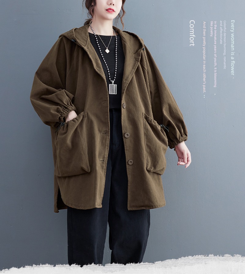 loose coat female Fattening Medium and long term leisure time Hooded loose coat