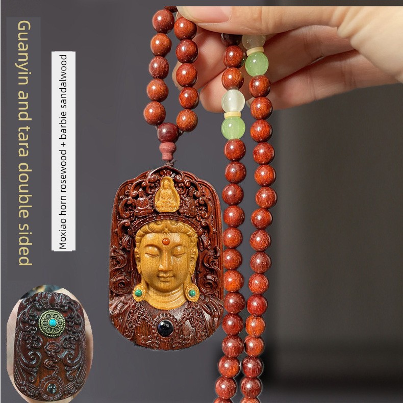 Manufacturer's Rosewood Tara Guanyin Bodhisattva Pendant Necklace Wooden Carving Ethnic Style High-End Buddhist Prayer Beads Collectible Item