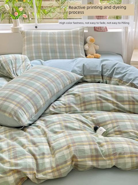 Violet Washed Cotton Line Printed Four-Piece Set Simple Washed Cotton Bedding Quilt Cover Grid Sheet Three-Piece Set