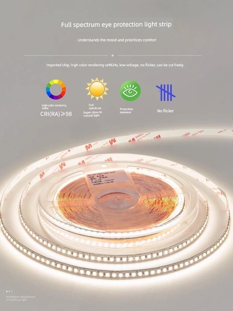 Led Full Spectrum 98 Cri 24V Low Voltage Living Room Ceiling Low Voltage High Brightness Flicker-Free Anti-Blue Light Self-Adhesive Linear Light Strip