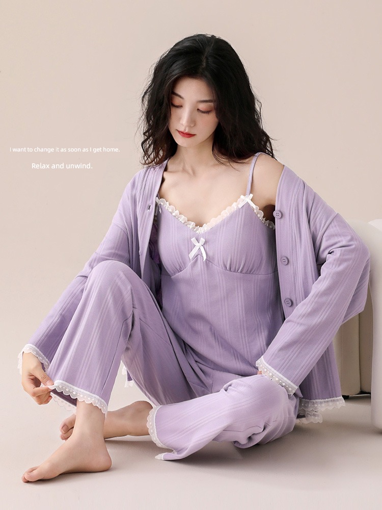 pure cotton Women autumn camisole vest Three piece set pajamas