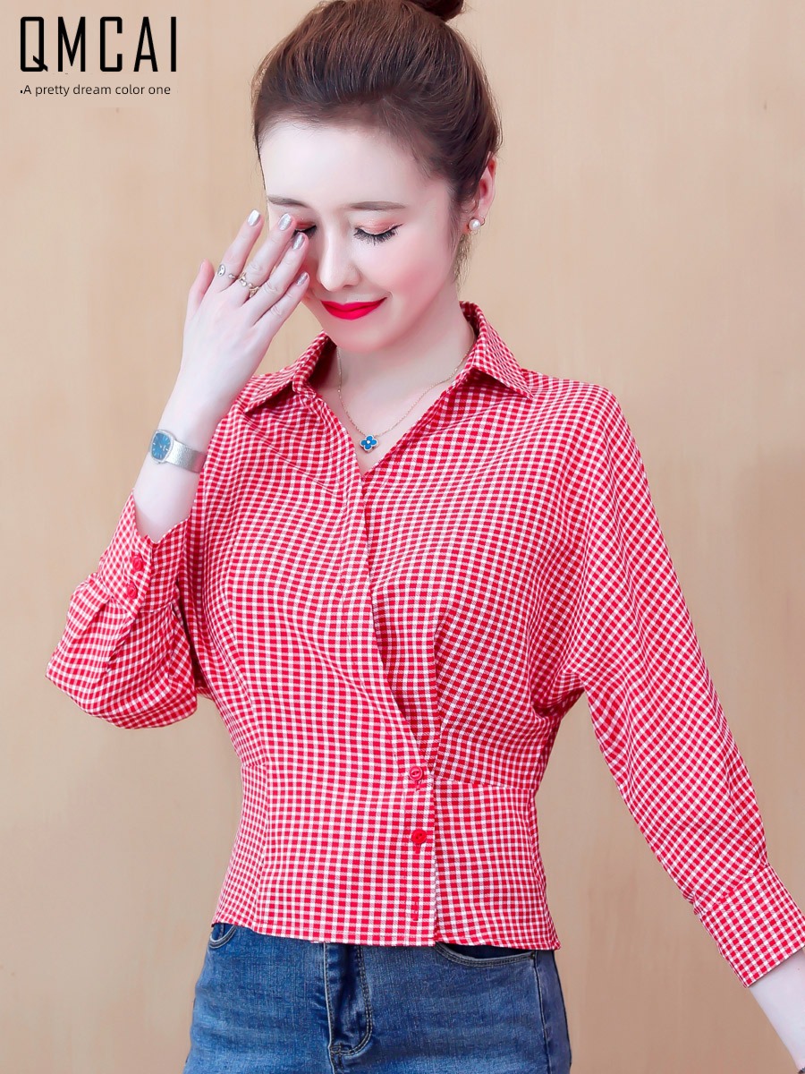 lattice ma'am Long sleeve temperament have a waistline Chiffon shirt