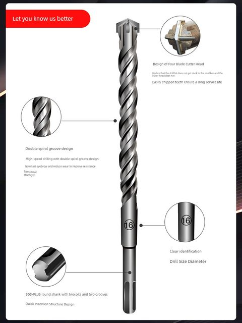 Electric hammer drill bit cross four-blade alloy sds-plus round handle two pits and two grooves expansion through the wall cement impact drilling hole