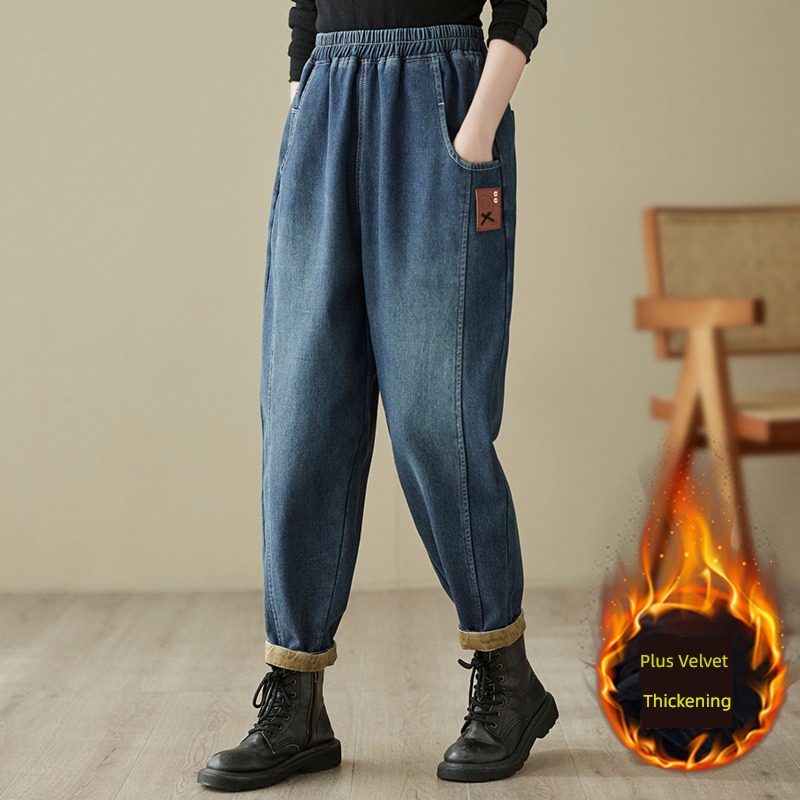 High waist Plush Jeans female Velveteen winter 2022 new pattern ma'am thickening trousers Big size radish Haren pants