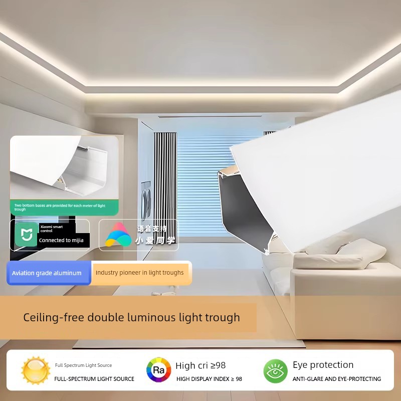 Surface-Mounted Ceiling-Free Reflector Light Trough Wall Washer Light for Living Room, Invisible Suspended Linear Light, Luminous Ceiling Corner Line Light