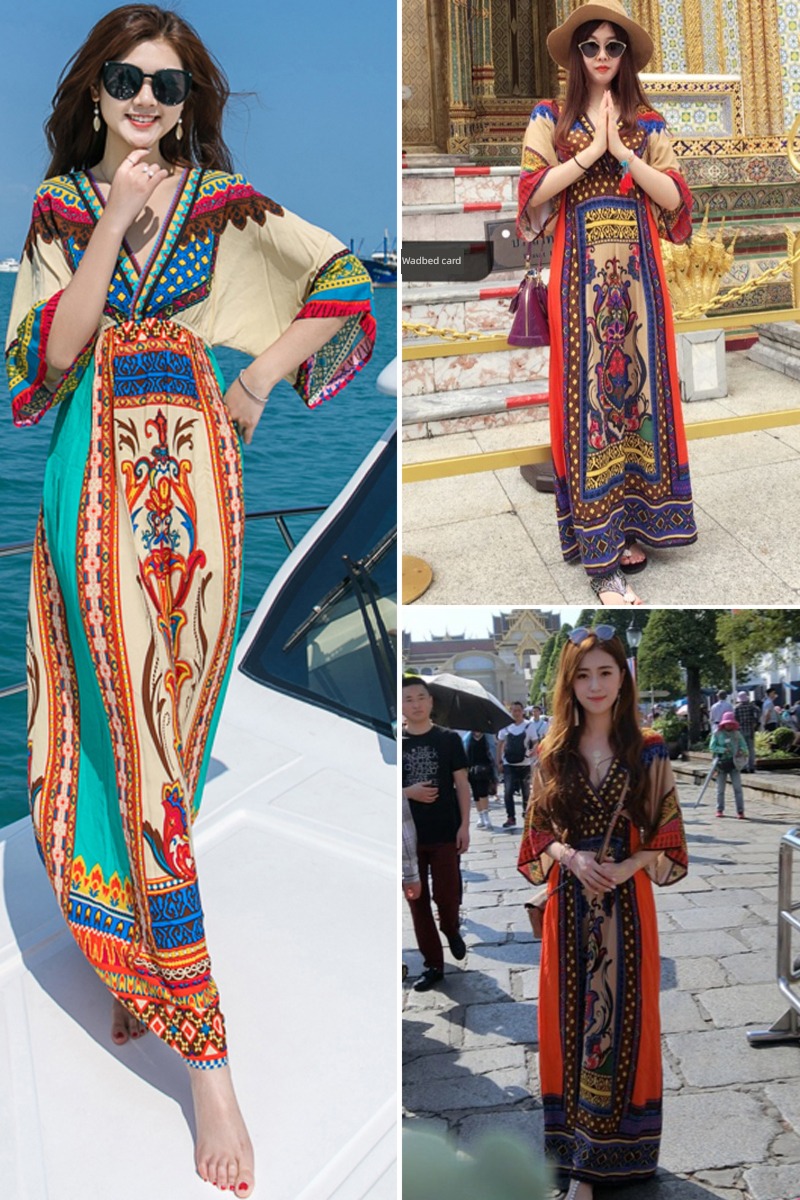 Phuket ethnic style Travel Thailand Big size Maxi dress
