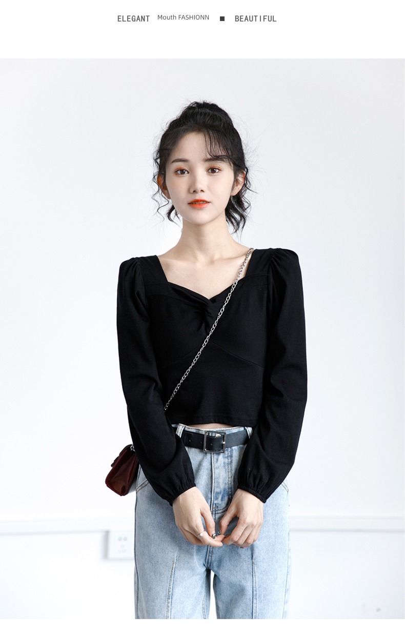 spring and autumn French Exposed navel square neck jacket Long sleeve T-shirt