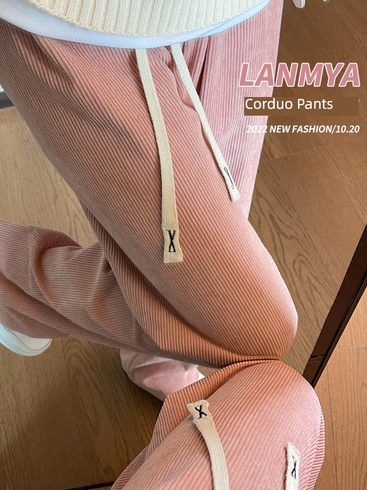 Pink Plush Wide leg pants female Autumn and winter 2022 new pattern High waist Sagging sensation leisure time little chap corduroy Straight pants