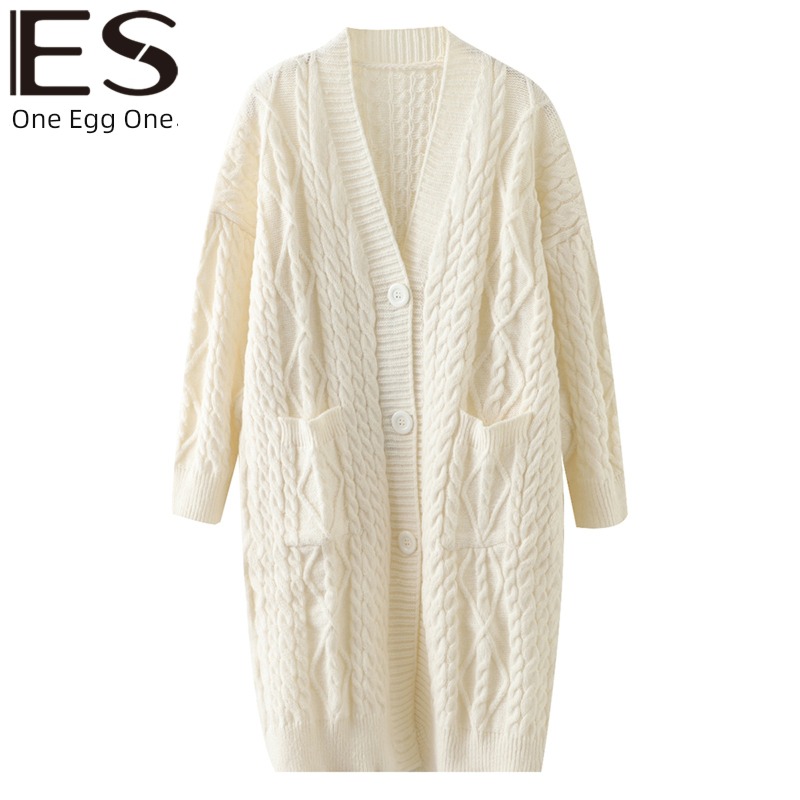 Egger Cardigan Medium and long term knitting Hemp flowers V Collar sweater